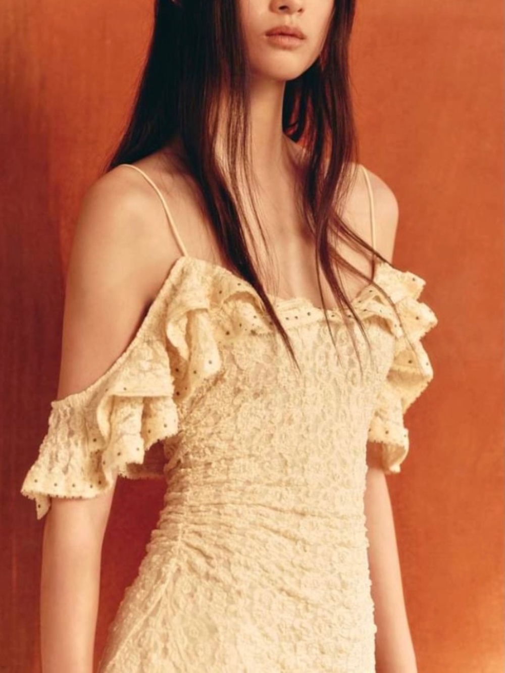 Zara Asymmetrical Midi Ruffle Lace Dress Yellow fairycore